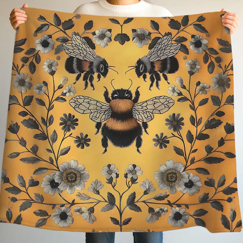 Bee Element 1pc, Retro Hand-Drawn Design Bees Yellow Wildflowers, Insects, Animals Dandelions, Cozy And Warm Printed Blanket