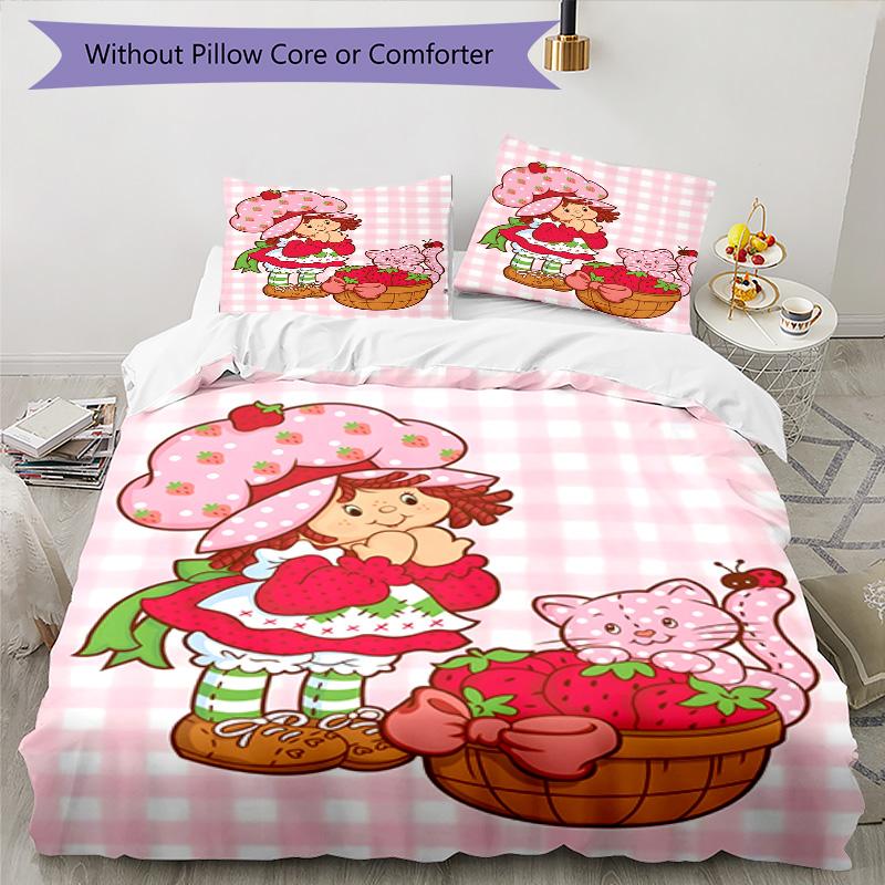 3pcs Princess Strawberry3 Design Cover Set - HD Printed Bedding with 1 Cover and 2 Pillowcases - Perfect for Home and Dorm Decor