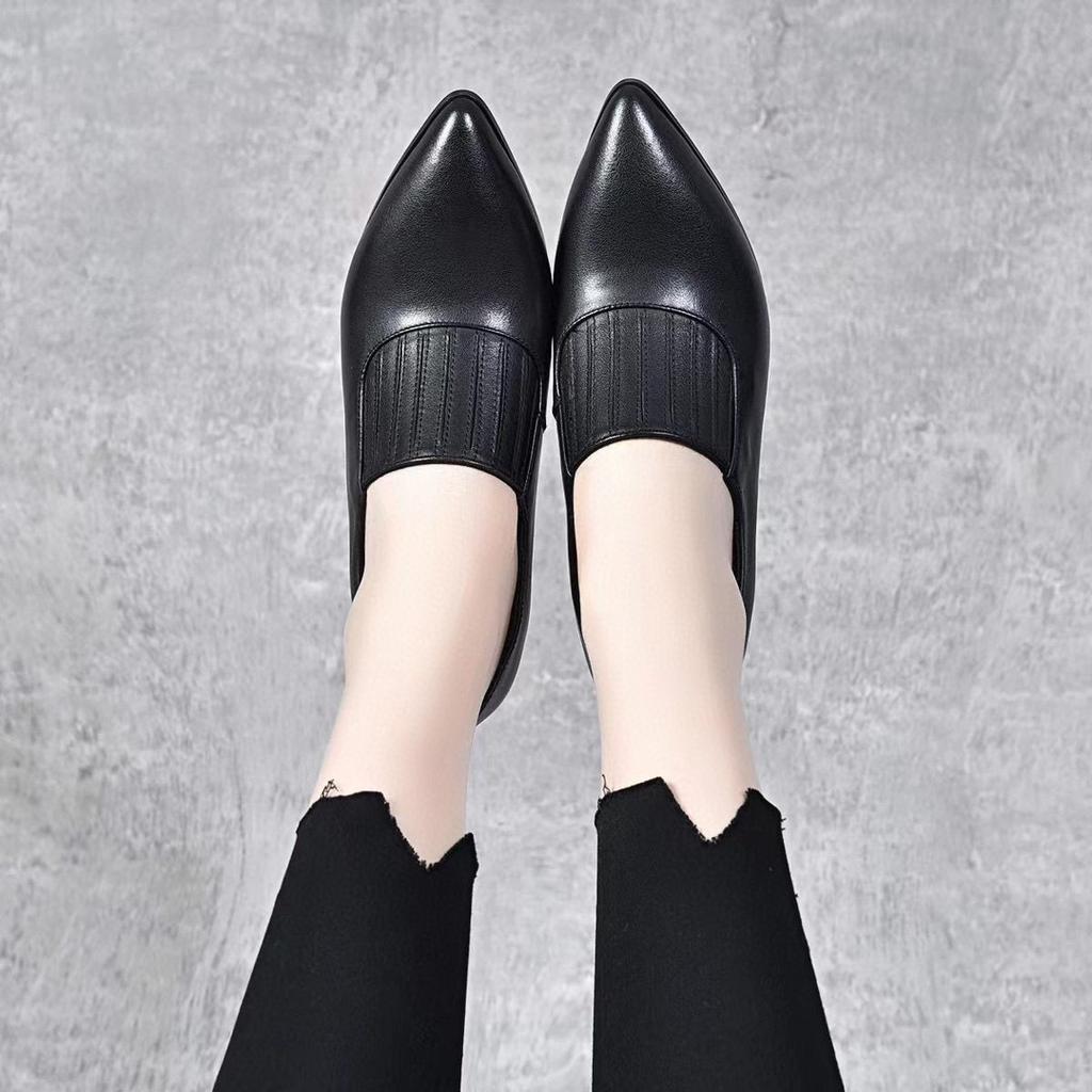 Pointed stiletto high heels women's spring British black first-layer cowhide organ pleated deep mouth single shoes fashion shoes