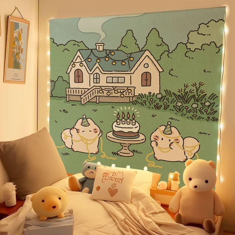 Cartoon Kitten Dessert Cake Tapestry Wall Decoration Living Room Background Wall Room Decoration Home Decoration