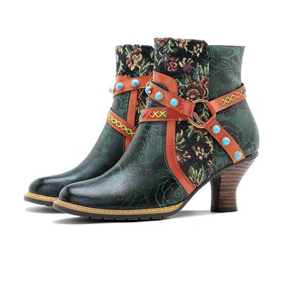 Čižmy z pravej kože Móda Ženy Topánky na vysokom opätku Retro Nity Patchwork Krátke čižmy