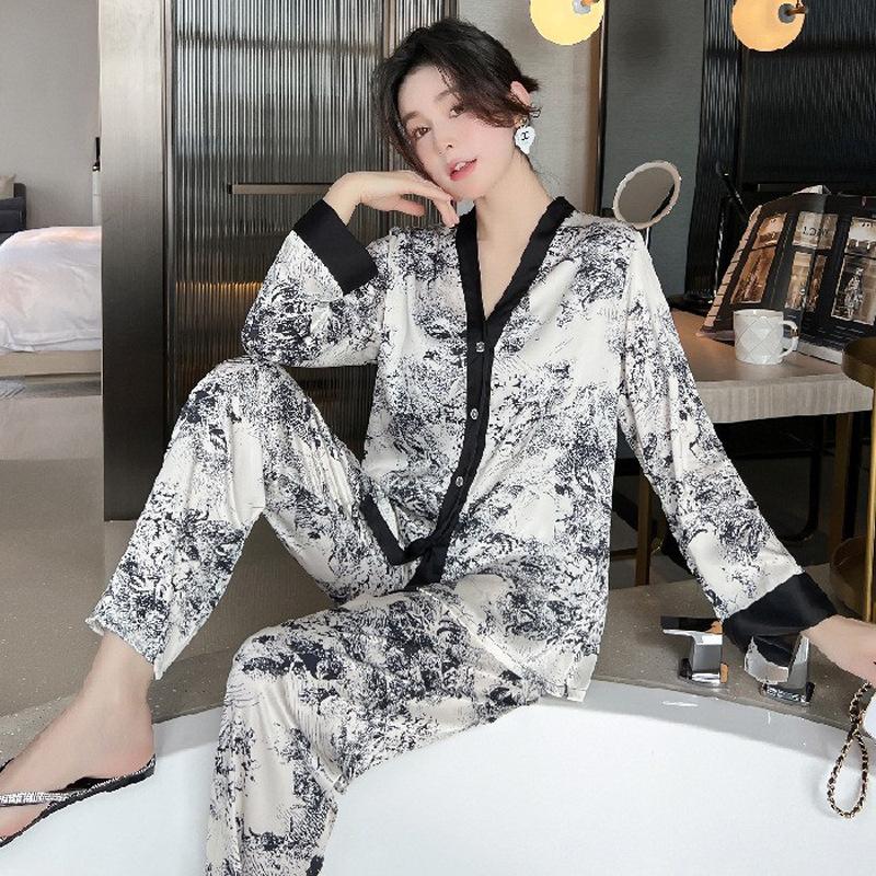 Women's Lingerie Pajamas Set Two-piece Silk Pajamas Long-sleeved Cardigan Trousers Printed Home Clothes Warm Season and Autumn Pajamas