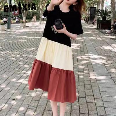 T Shirt Dress Patchwork Color Contrast Female Student Baggy Plus Size Fashion In The Long Over The Knee Skirt Summer