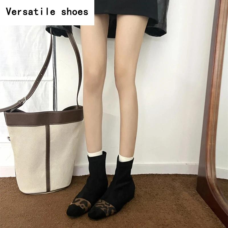 Designer Leopard Print Women Sock Boots Fashion Pointed Toe Short Booties Elegant Thick Heels Botas De Mujer