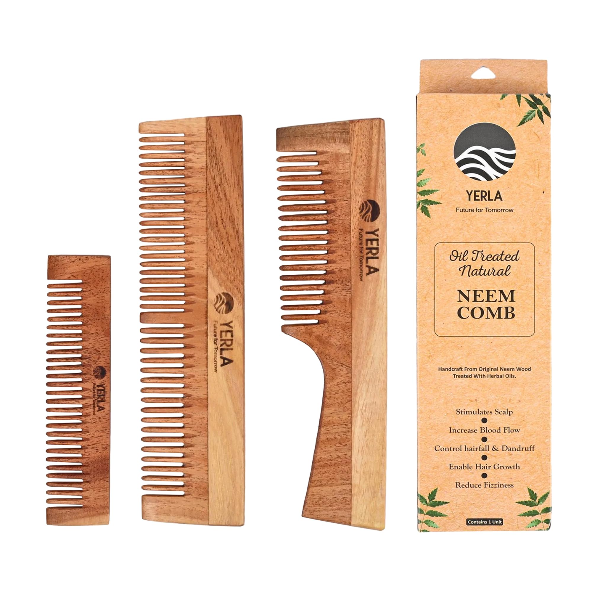 

YERLA Neem Wooden Comb for Men & Women | Handmade Hair Growth Wooden Comb Set | Soaked in 17 Herbs & 4 Oils | Pocket, Dual teeth & Handle Combo (