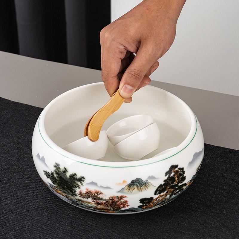 Large Chinese Style Blue and White Porcelain Tea Wash Basin and Cup Washer with Lan Ting Xu Calligraphy - Retro Ceramic Brush Washer