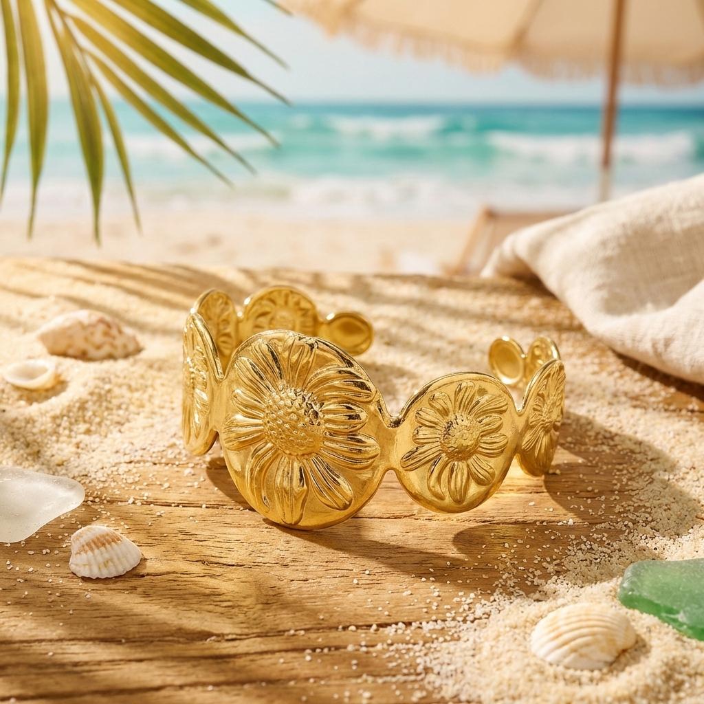 Vintage Sunflower Stainless Steel Bangle For Women Textured Floral Style Waterproof Metal Bracelet