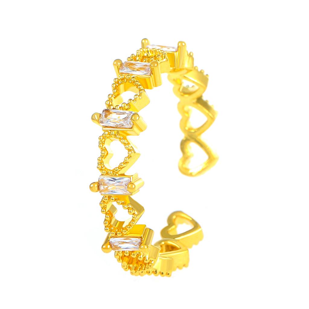 Fashion micro-inlaid square zircon light luxury ring women's Japan and Korea personality hollow love heart ring opening adjustable