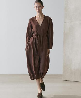 Masimodutti Belt Detail Linen Fluid Knee-Length Dress