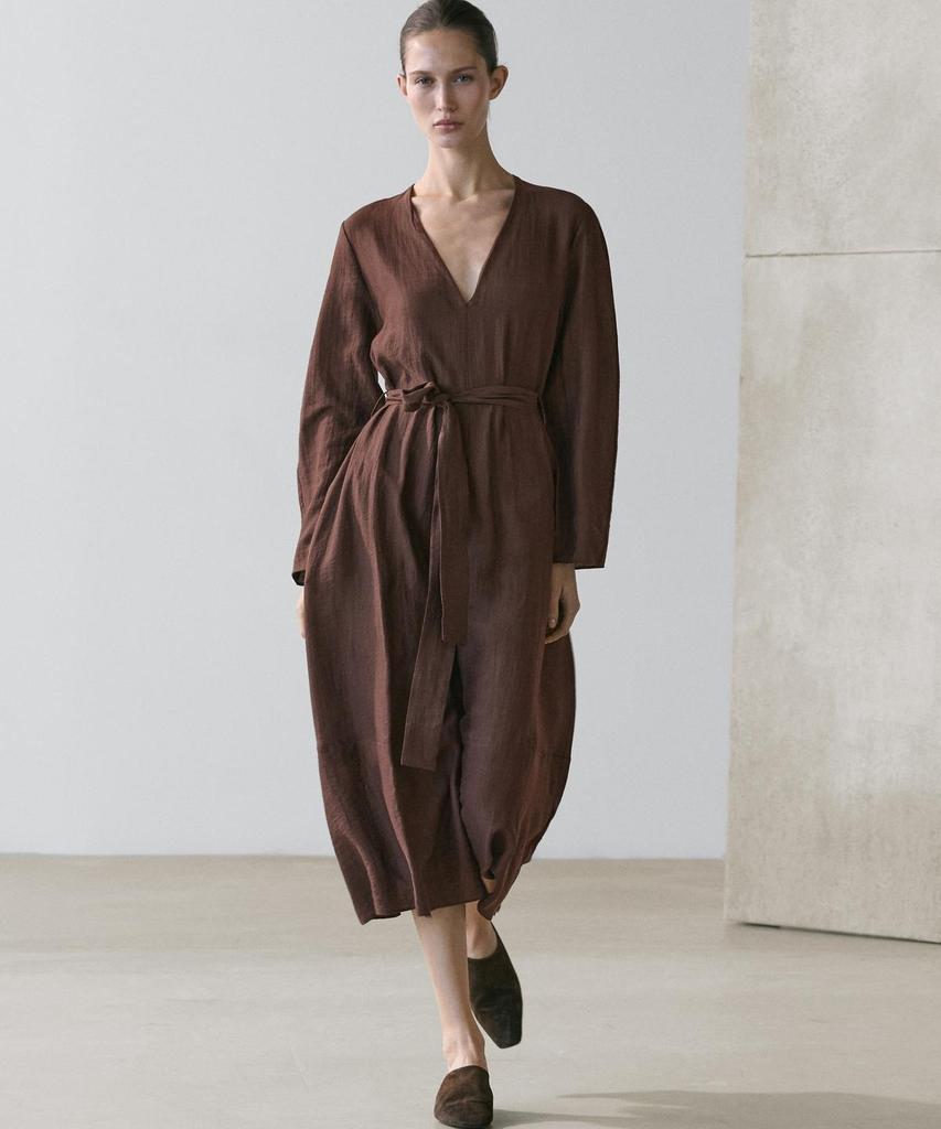 Masimodutti Belt Detail Linen Fluid Knee-Length Dress