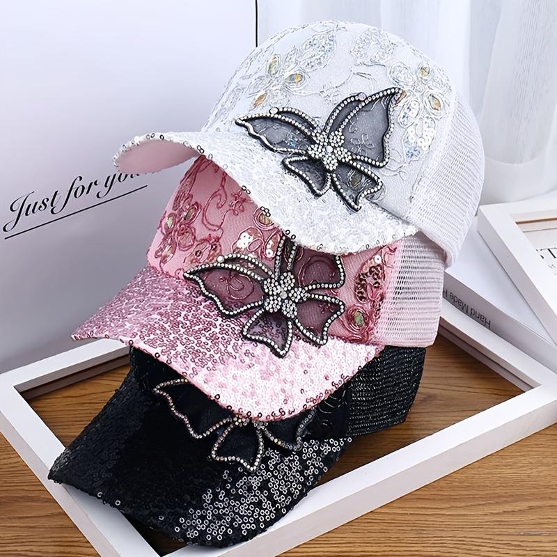 Women's Duckbill Baseball Cap with Large Butterfly Sequin Decoration - Breathable Hat Suitable for Spring, Summer, Autumn