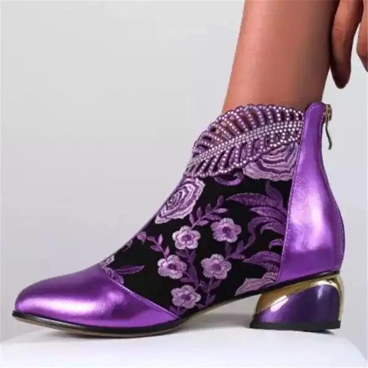New Ankle Boots Women's Shoes Leather Boots Embroidery Ethnic Bohemia Zipper Spring Autumn Ladies Botas Botas De Mujer2025