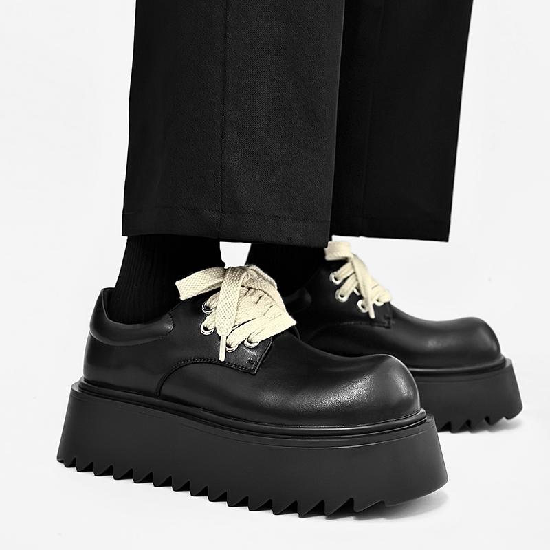 Fashion Derby Black Thick Soled Men's Shoes Fashionable White Lace Up Design Style Outdoor Trendy Party Daily Quality Youth Shoes New