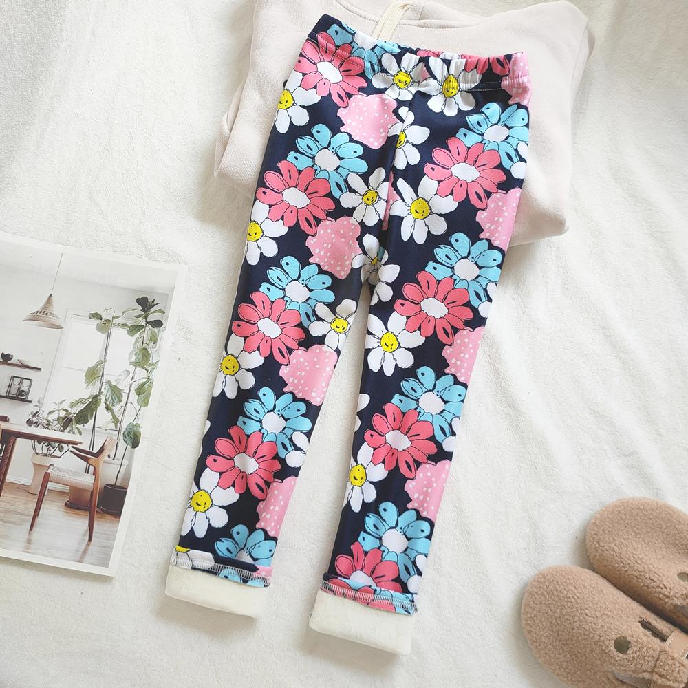 Floral Print Autumn Winter Thickened Warm Kids Pants Baby Girl Velvet Leggings Children's Trouser