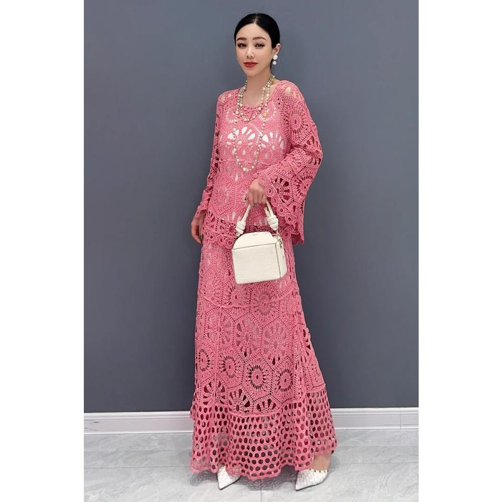 DIMANAF 2025 Neue Rock Anzug Frauen Strand Kurzarm Spitze Stricken Aushöhlen Sexy Oansatz Hohl Sommer Stil Tops Tees Lose grundlegende