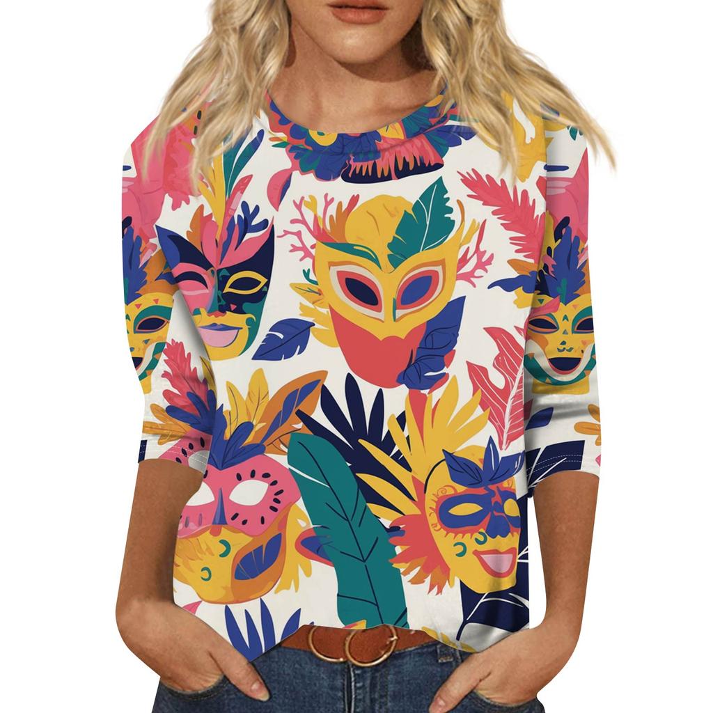 Women's Fashionable Casual Three-Quarter Sleeve Carnival Print  Neck Top