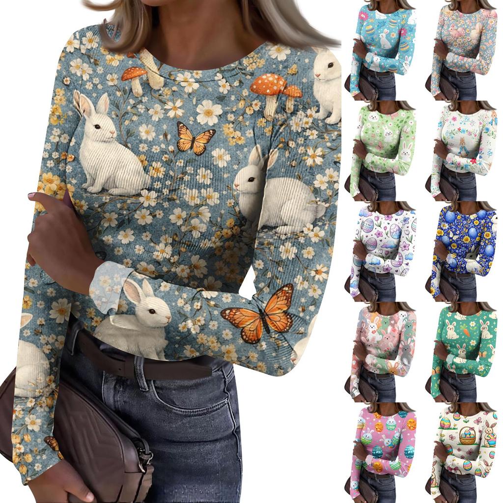 Damen Winter Slim T-Shirt Mode Lässig Druck Rundhals Pullover Langarm Top