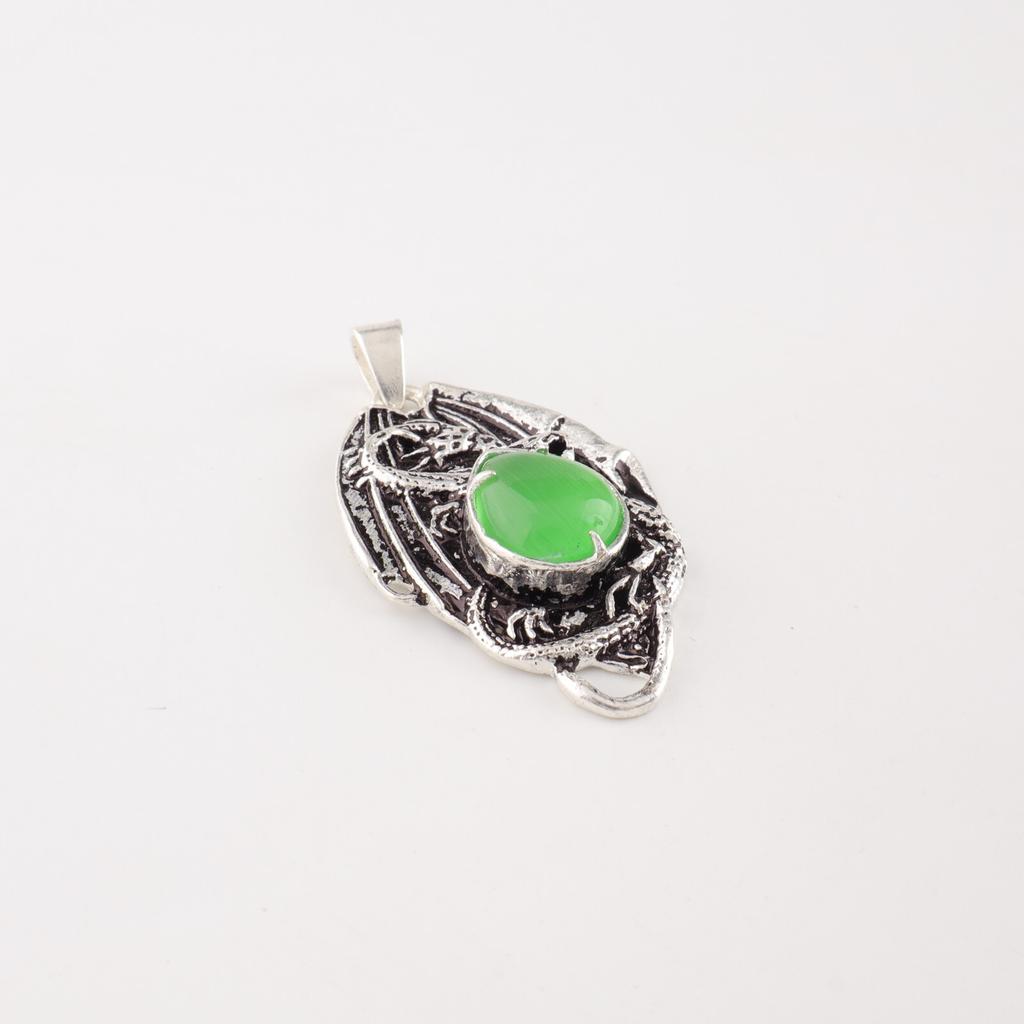 Natural Green Cat's Eye Gemstone 925 Stamped Silver Handmade Girls Pendant 1.55" CP-9-40