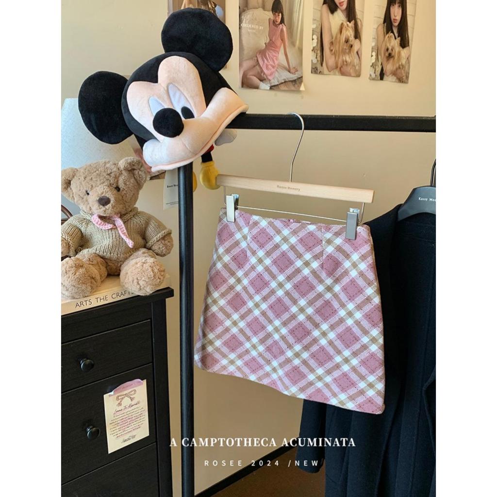 Academy Style Pink Plaid A-line Wool Skirt - Hip-Hugging for Spring & Autumn