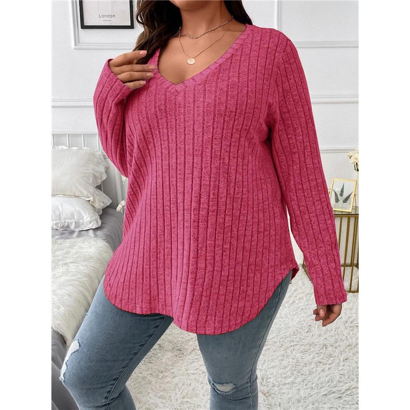 Damenbluse Neu Einfarbig Große Größe V-Ausschnitt Langärmlig Rippstrick Gebürstetes T-Shirt Locker Lässig Pullover