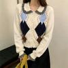 Korean retro rhombus knitted cardigan women's autumn new college style sweater jacket loose and thin versatile top