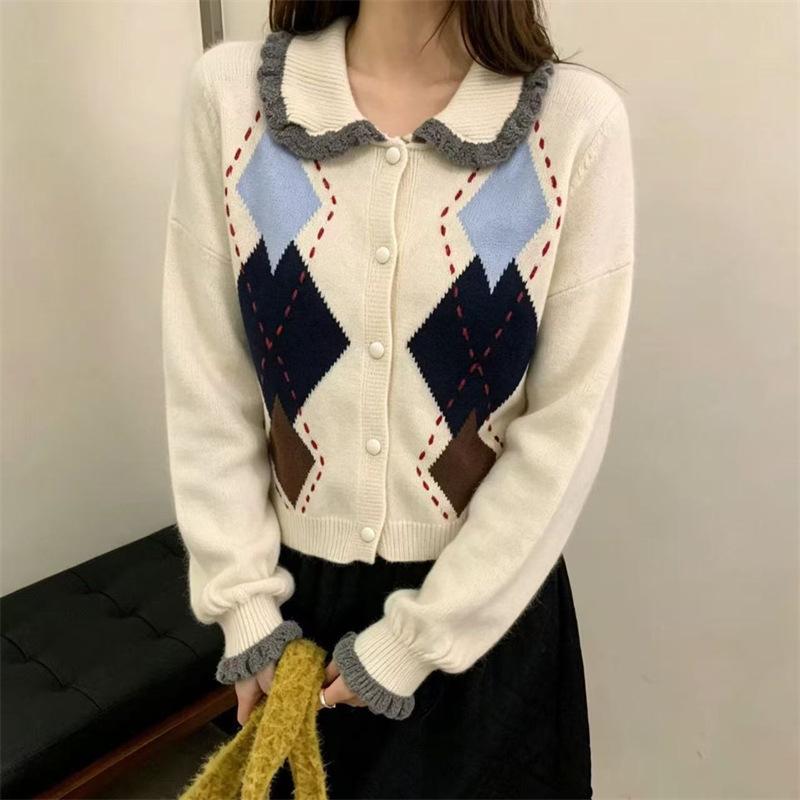 Korean retro rhombus knitted cardigan women's autumn new college style sweater jacket loose and thin versatile top