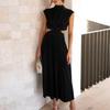 Lady Prom Dress Pleated Sleeveless Solid Color Stand Collar Hollow Out Dress-up Mid-calf Length Wedding Party Women Banquet Dress Female Clothing