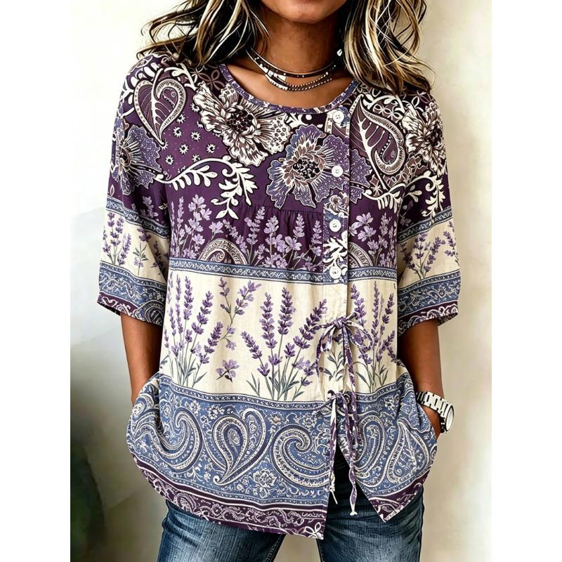 Women's Spring Summer Drawstring Blouse, Boho Paisley & Floral Patchwork Print Casual Tops for Daily Street Holiday Outfit