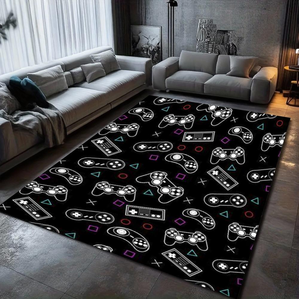 Gaming Theme Large Area Rug Black White Game Controller Accessory Icon Pattern Carpet Floor Mat for Living Room Game Room