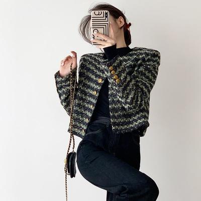 Giacca Corta Retro a Quadri a Righe Verdi da Donna, Cappotto di Lana Elegante e alla Moda
