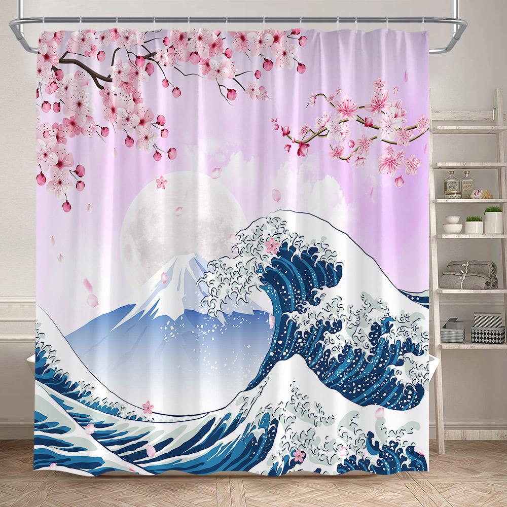 Japanese Style Floral Shower Curtain Pink Cherry Blossom Koi Fish Sea Waves Abstract Mountain Scenery Bathroom Curtain Decor Set