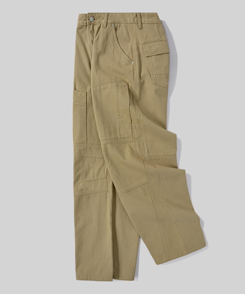 Beodeonteu Curved Cut Multi-Dart Wide Twill Pants [Beige]