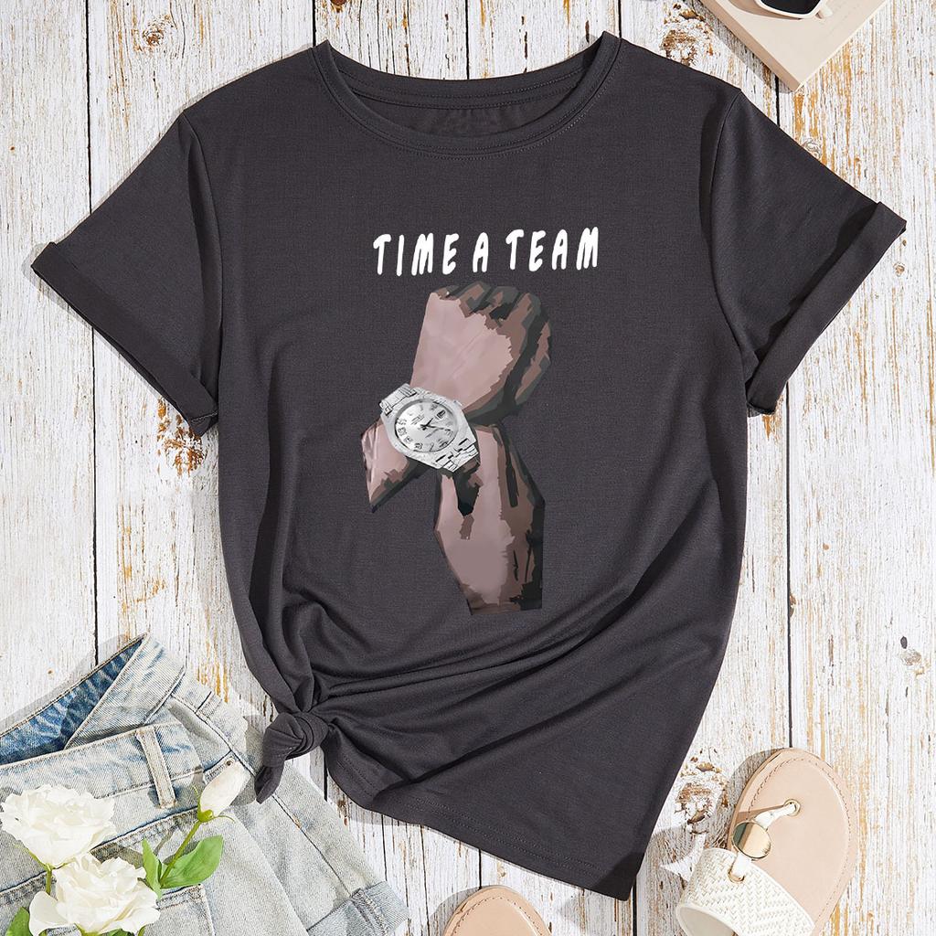 TIME A TEAM HAND Cotton T-Shirt Short Sleeve Round Neck Women 2d Print Tops