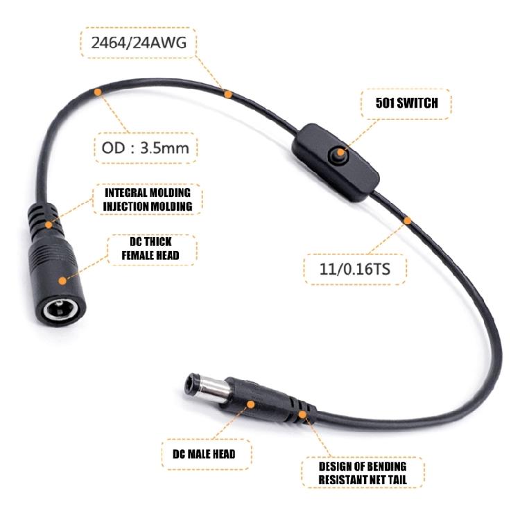 Flexible DC5521 Female To Male Extension Cord With Push Button Switches For Routers CCTV And Small Appliances