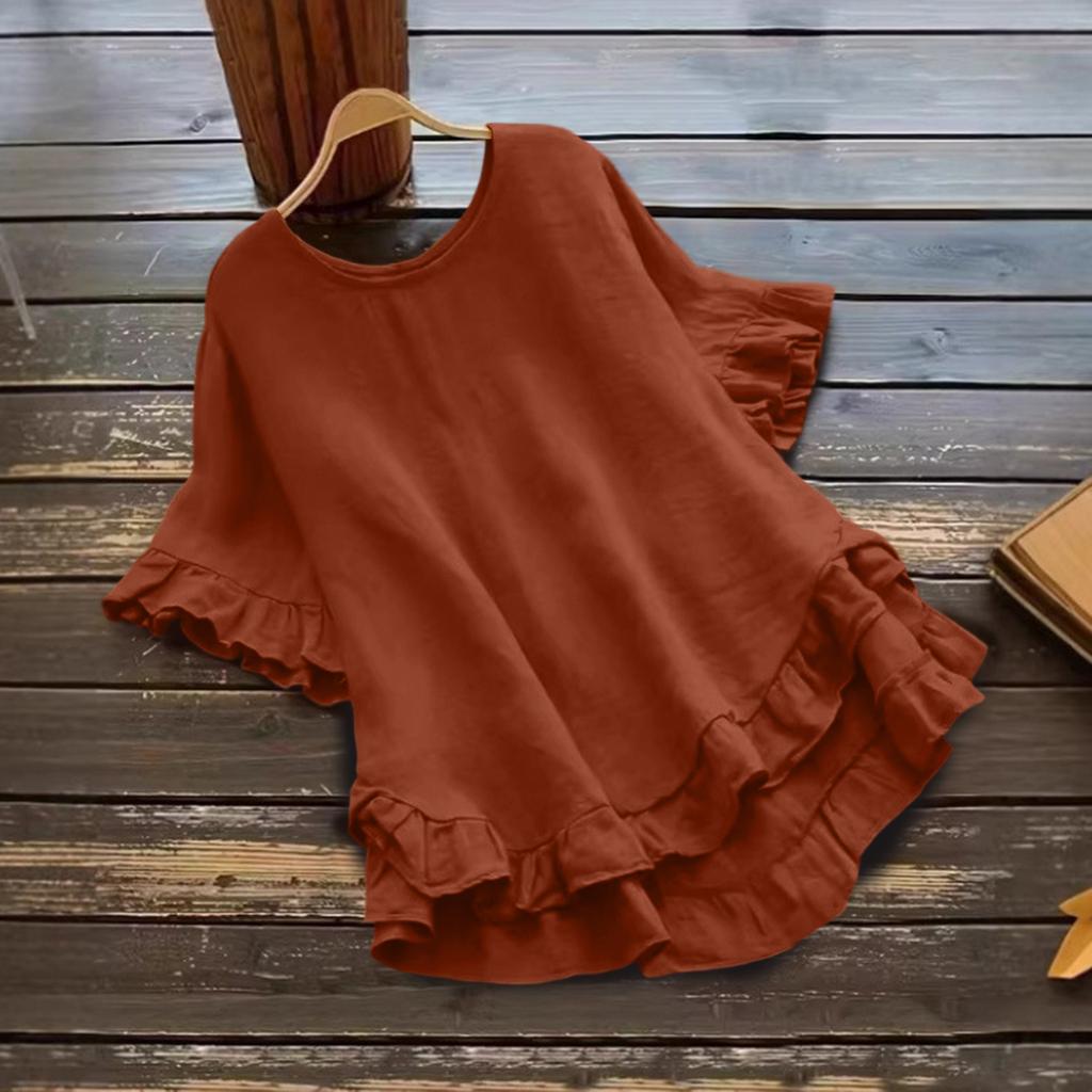 Women's Fashionable Plus Size Color Round Neck Ruffle Short Sleeved  Round Neck Loose Pullover Top