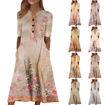 Women's Summer Casual Printing Fashion V-neck Short Sleeved Beach Swing Skirt