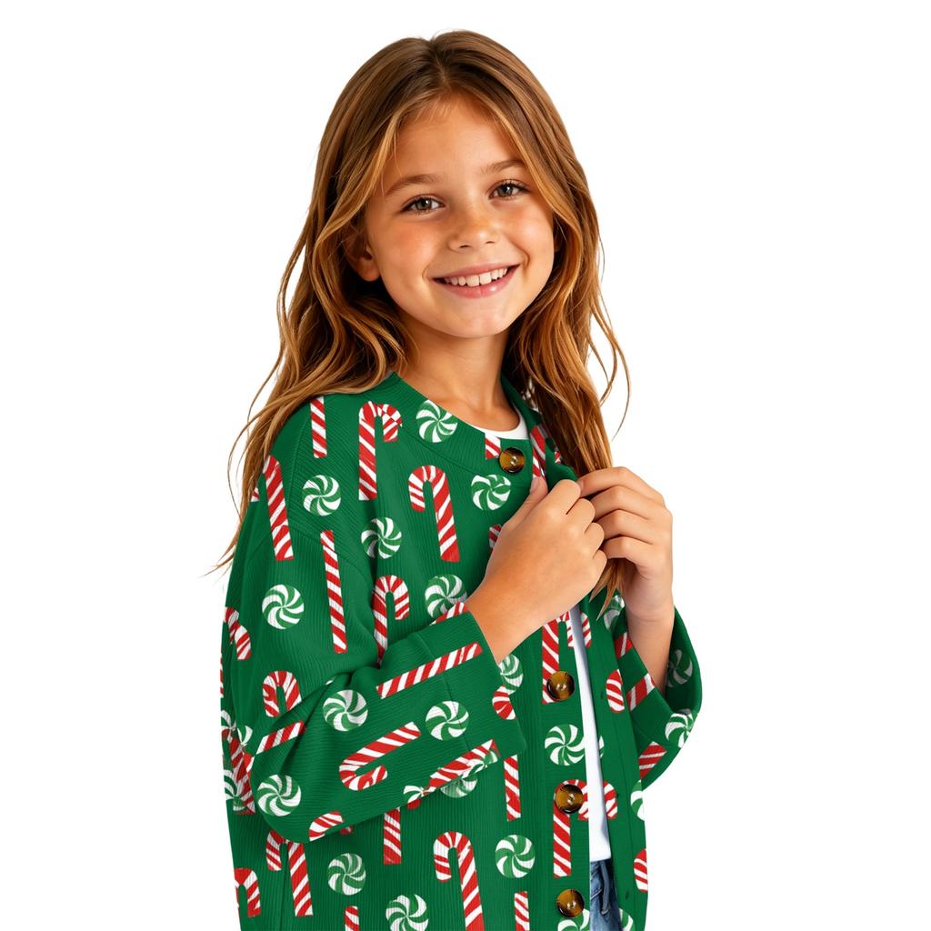 Girls' Fashion Button Front Christmas Print Cardigan for Holiday Outfits and Daily Wear