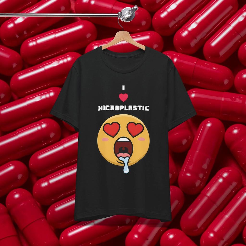I Love Eating Microplastics heart-eyes emoji T-shirt, Hazard Statement