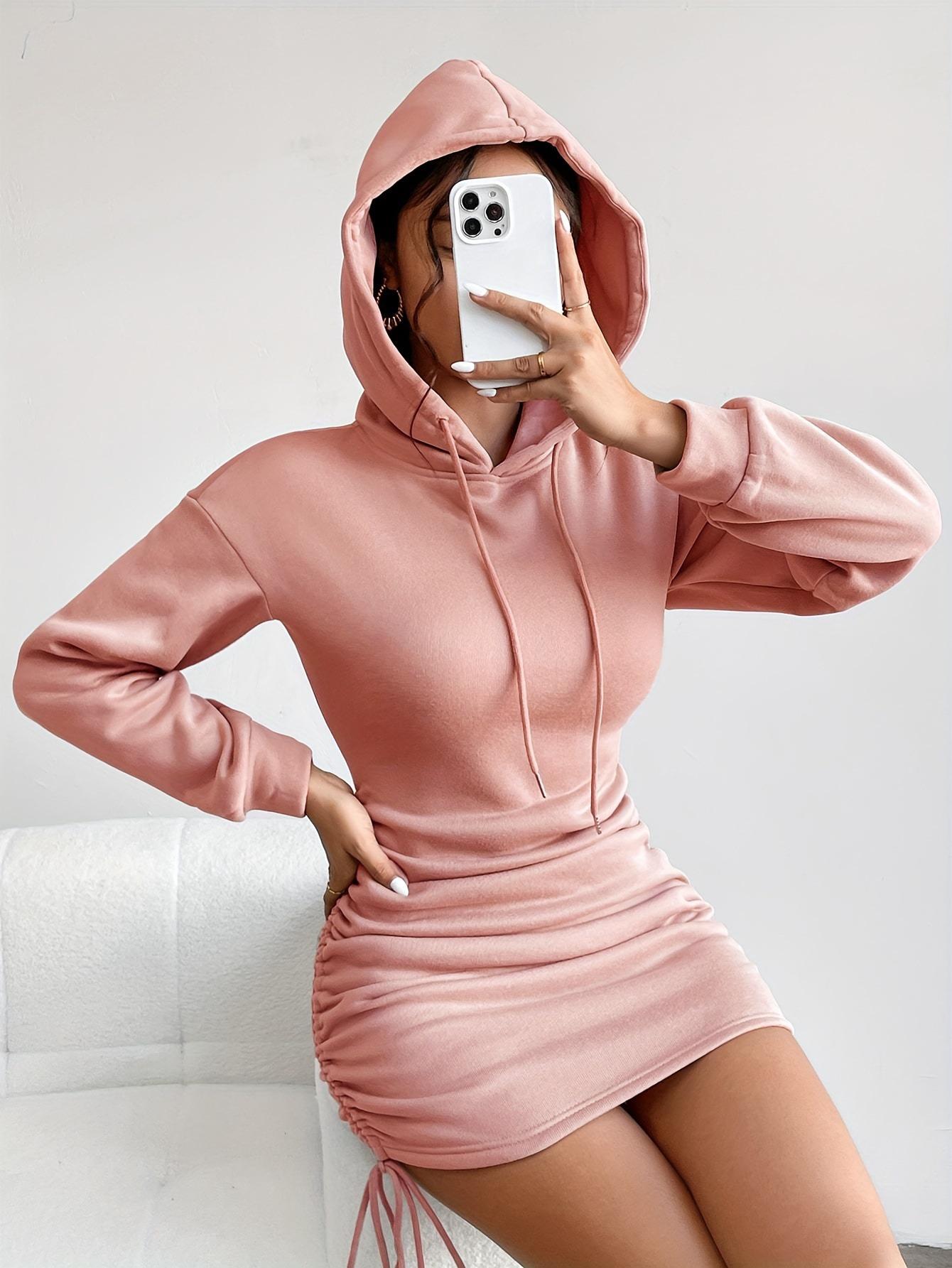 

2026 Autumn/Winter Sexy Hooded Drawstring Bodycon Sweatshirt Dress for Women XL розовый