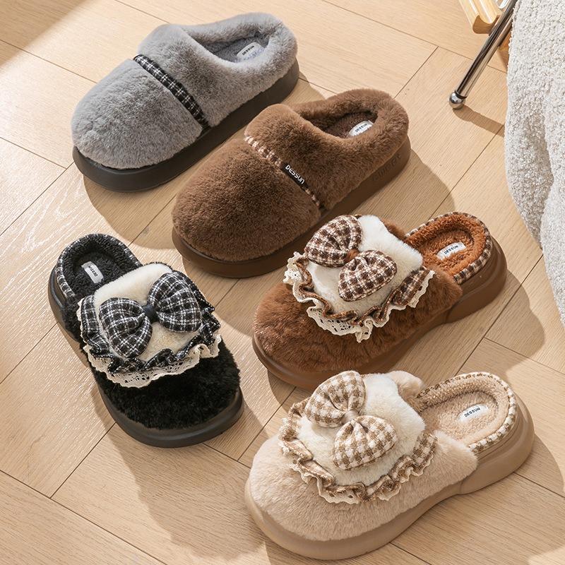 New Winter Plaid Butterfly Lace Cotton Slippers Women's Indoor Home Warmth Plush Cotton Slippers