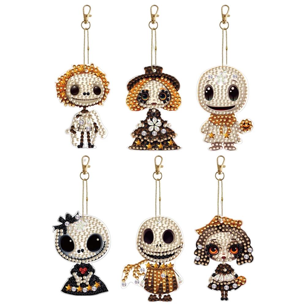 

DIY Full Drill Mosaic Making Handmade 6pcs Diamond Paintings Keychain Rhinestone Pendant Double Sided Cartoon Lady Bag Pendant