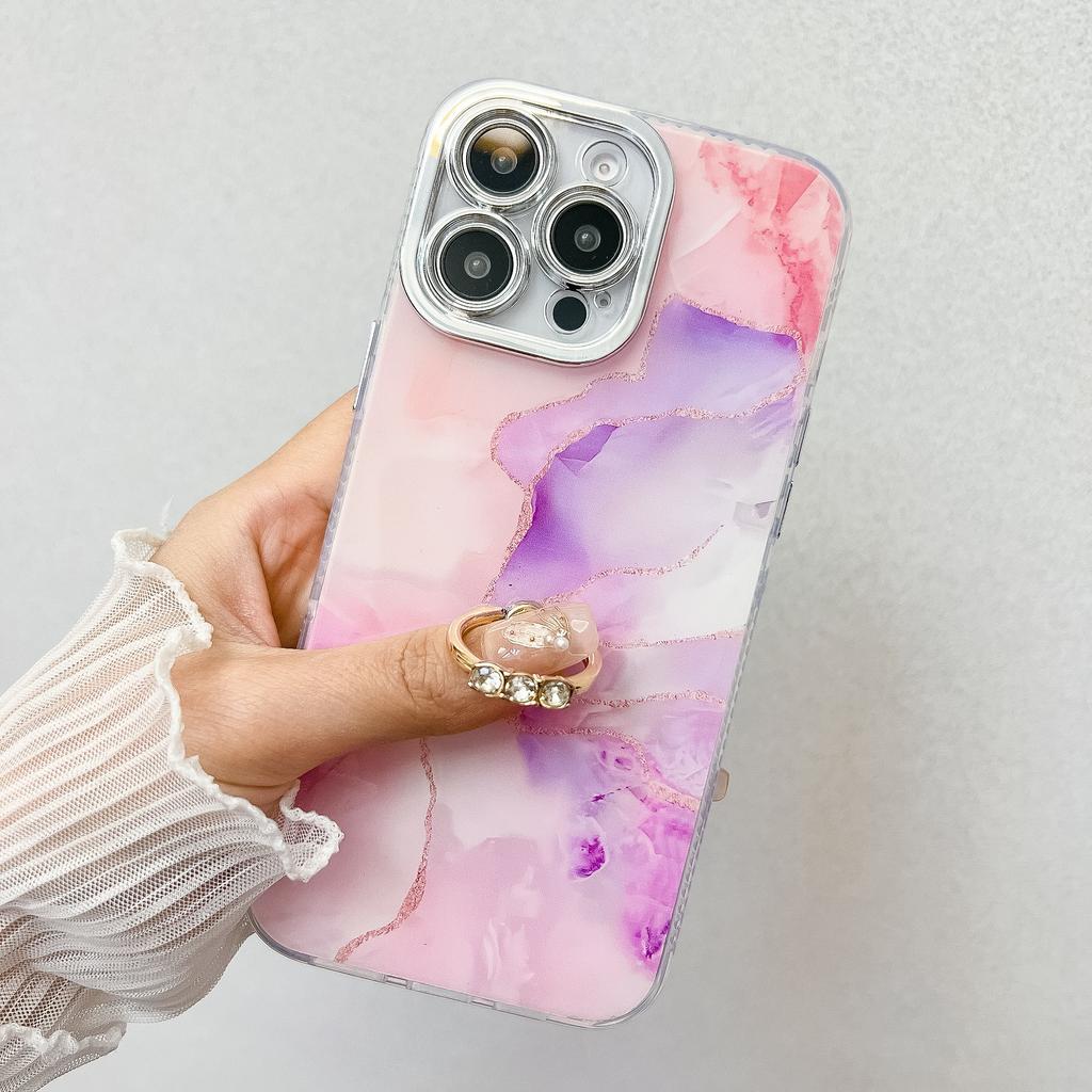 For iPhone 16 Pro Case with Kickstand IMD Marble Pattern Electroplated Phone Cover
