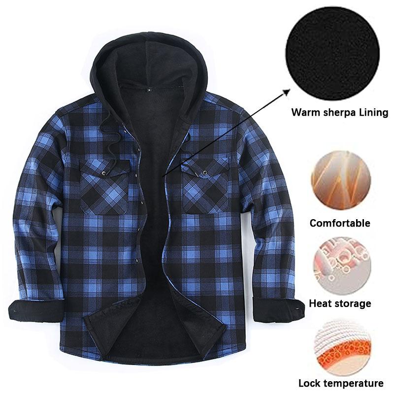 Men's Warm Thick Fleece Plaid Shirt Jacket Sherpa Lined Hoodie Flannel Shirts Outwear Winter Coat with Pockets Button Down Jackets with Hood for Men