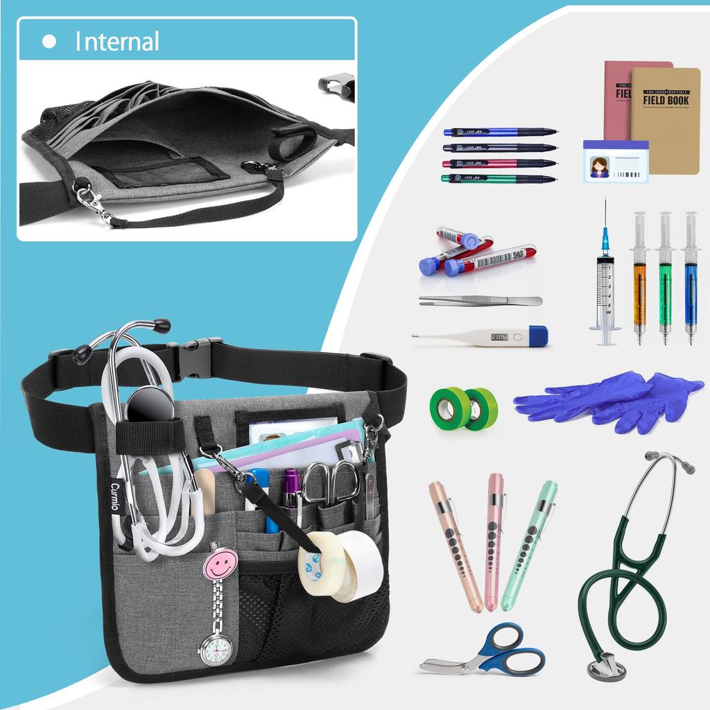 CURMIO Nurse Waist Pouch with Stethoscope and Tape Holder for and Childcare Workers Gray Nurses, Caregivers, (Bag Only),