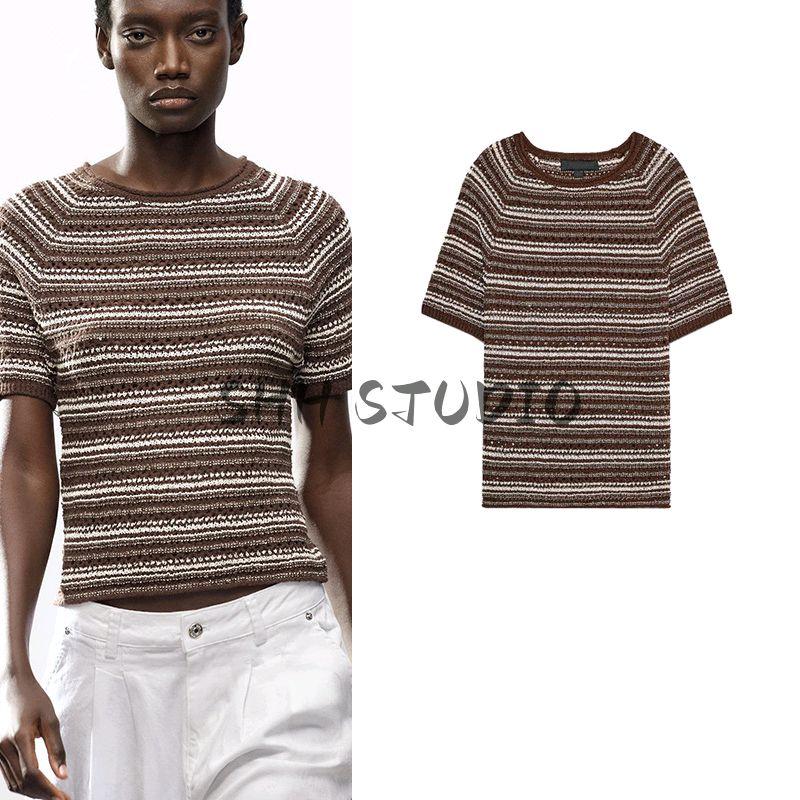 Spring and Summer New Women's Clothing Minimalist Style Silm All-Matching round Neck Short Sleeve Stripes Knitting Tops 2756007