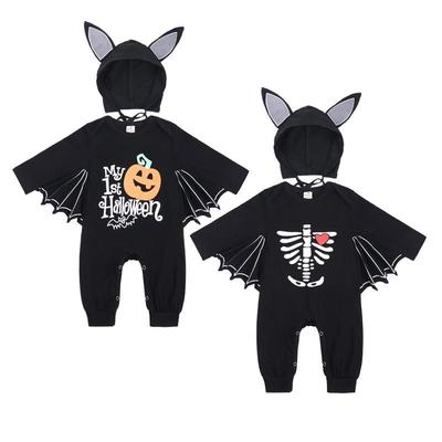 Halloween Skull Print Baby Romper with Bat Shape and Pumpkin Design, Includes Hat