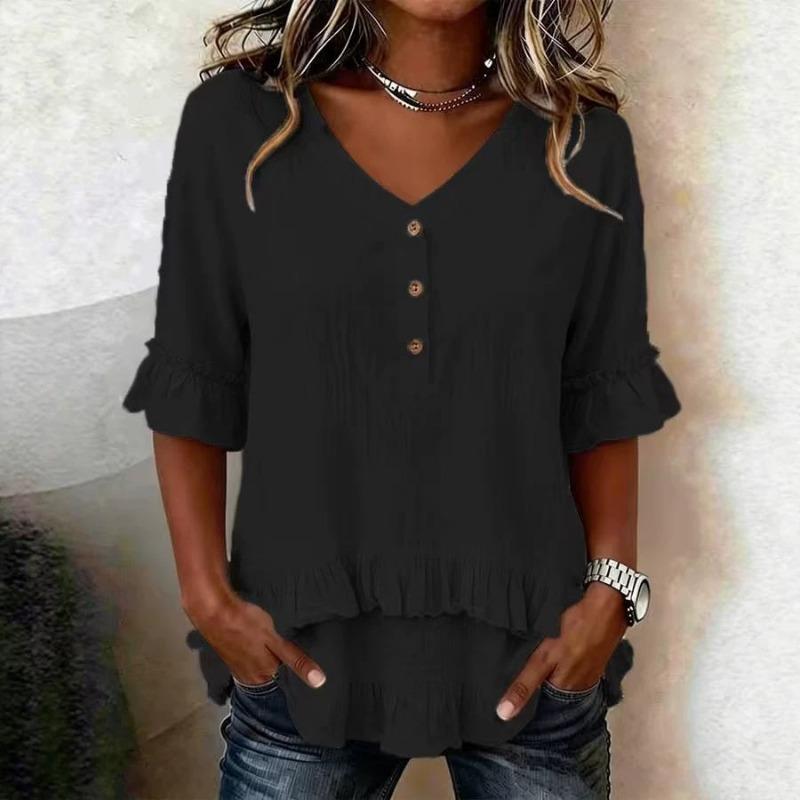 Women Beige V Neck Button Front Ruffle Trim Short Sleeve Casual Tunic Blouse