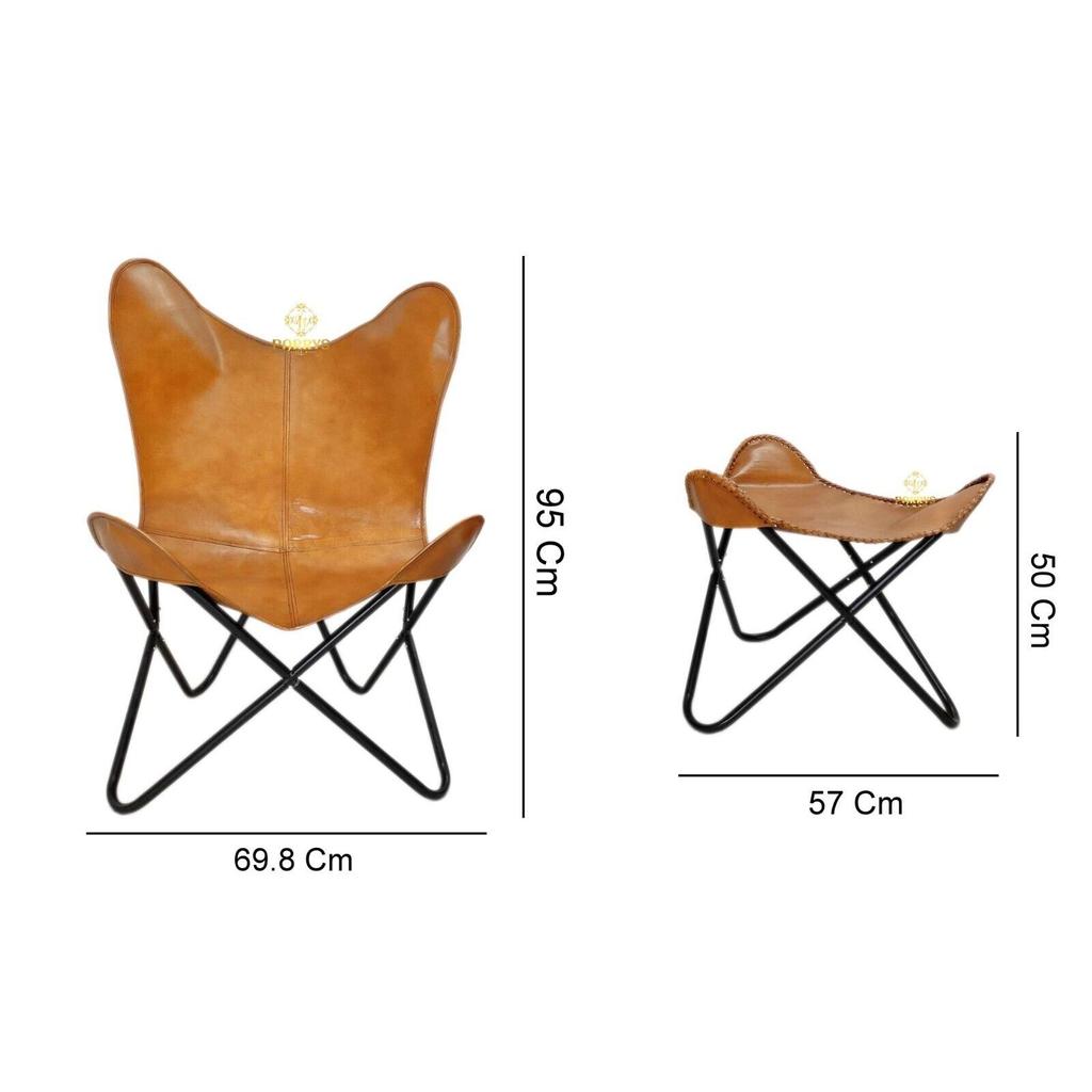 Brown Handmade Leather Butterfly Sling Chair&Foot Stool With Iron Stand