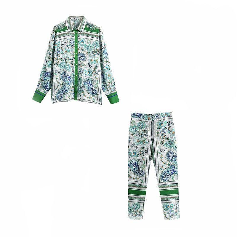Beach Summer New Arrival Women's Clothing Fashion Style Lapel Long Sleeves Button Shirt + Positioning Printed Pants Suit Women's