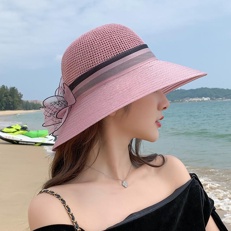 Summer ladies organza flower knitted head big edge beach hat outdoor shading sun protection travel fisherman hat tide